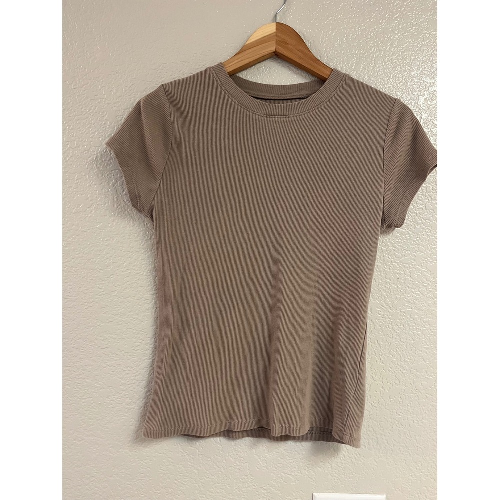 Dip Womens Ribbed Short Sleeve Crew Neck T-Shirt Taupe Brown Size Medium